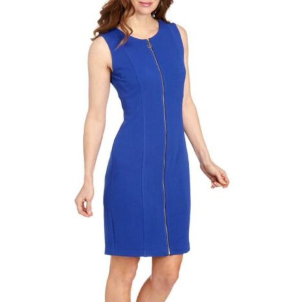 Tahari Blue Jersey Career Zip Front Sheath Dress 6